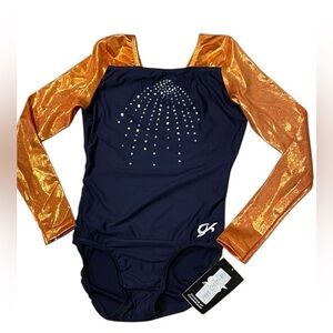 NEW Adult Small GK Leotard Long Sleeve Orange Foil Blue Sequin AS Gymnastics